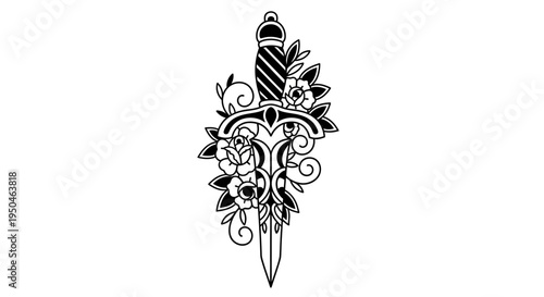Black and white dagger with floral elements tattoo design.