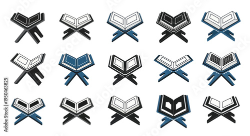 Collection of Quran Books on Wooden Stands, Islamic Holy Book Icons