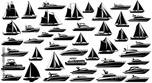 Collection of Diverse Boat Silhouettes: Sailboats, Yachts, and Ships