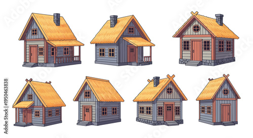 Collection of Rustic Wooden Houses with Thatched Roofs