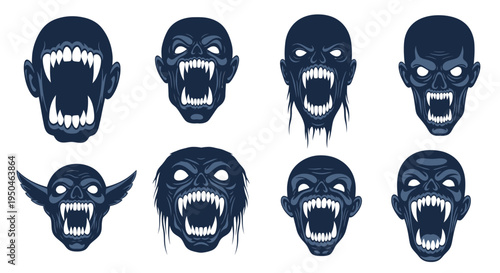Collection of Scary Vampire Faces with Sharp Fangs and Glowing Eyes