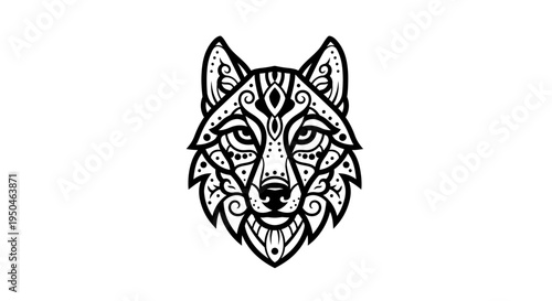 Intricate Black and White Wolf Head Design with Ornate Patterns.