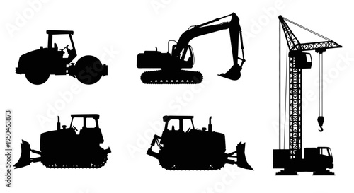 Construction Heavy Machinery Silhouettes: Bulldozer, Excavator, Crane, Roller