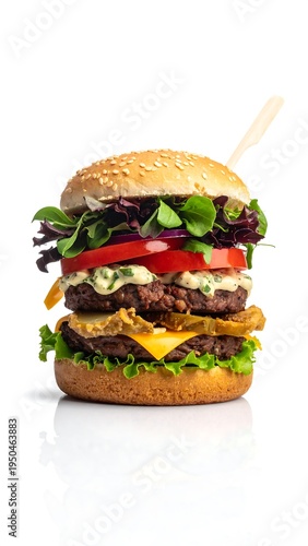 A tall, appetizing hamburger on a white background. It has sesame seed bun, two patties, cheese, tomato, lettuce, and red onion, all held by a wooden skewer