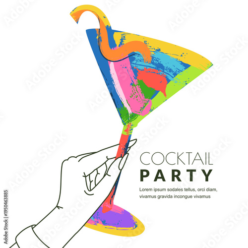 Woman hand with multicolor cocktail glass. Vector sketch watercolor collage design for summer bar menu, party poster