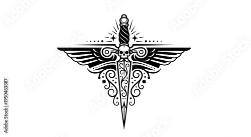 Intricate Dagger with Wings and Skull Design.