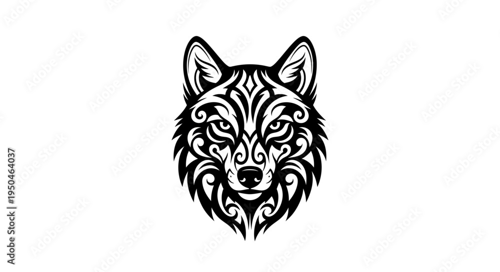 Fototapeta premium Stylized Wolf Head Tattoo Design with Intricate Tribal Patterns.