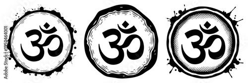 Set of sacred om symbols with artistic circular frames and ink splatters