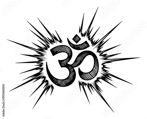 Spiritual om symbol with dynamic energy burst rays and hatching texture