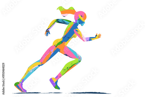 Vector multicolor running woman silhouette. Female athlete watercolor illustration. City marathon outdoor sport concept