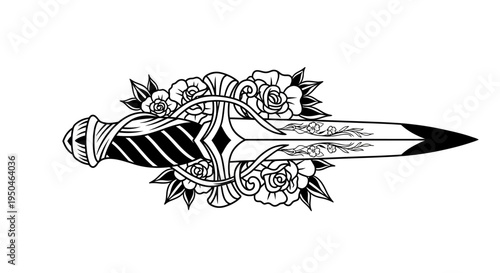 Traditional Tattoo Style Dagger with Roses Black and White Illustration.