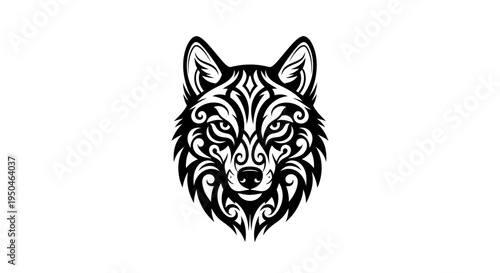 Stylized Wolf Head Tattoo Design with Intricate Tribal Patterns.