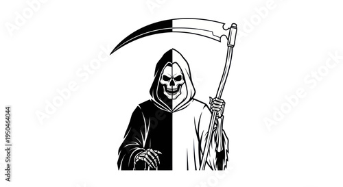 Grim Reaper Skeleton Holding Scythe, Black and White Duality