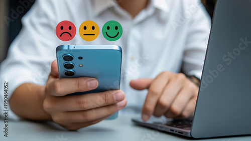 Person holding phone with emojis above it