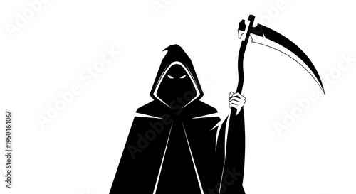 Grim Reaper Silhouette with Scythe on White Background