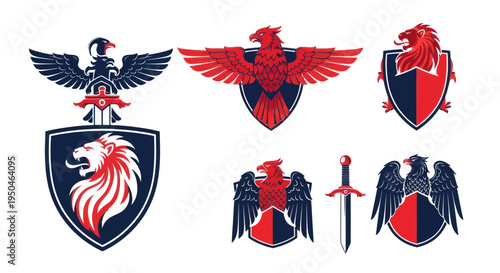 Heraldic Emblems: Eagle, Lion Shields, Sword, Crests, Coat of Arms