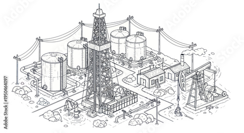 Industrial Complex Illustration: Power Plant, Storage Tanks, and Factory