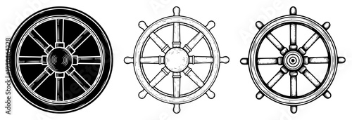 Collection of wooden cart wheel and nautical helm and dharma wheel in woodcut style
