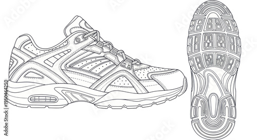 Running Shoe Blueprint: Side and Sole View - Athletic Footwear Design Sketch