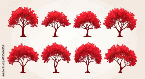 Set of Red Autumn Trees Isolated on Light Background