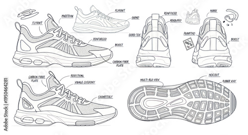 Sports Shoe Design Blueprint, Technical Drawing, Sneaker Blueprint, Footwear Sketch