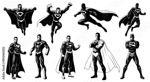Superhero Poses Collection: Dynamic Action Figures, Comic Book Style, Black and White
