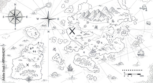 Treasure Map with Island, Compass, and X Marks the Spot