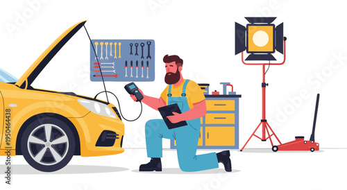 Automobile diagnostic service vector illustration, mechanic inspecting car engine with diagnostic tool, workshop with tools and equipment