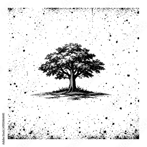 Majestic lonely tree illustration in vintage woodcut or engraving style with speckled background