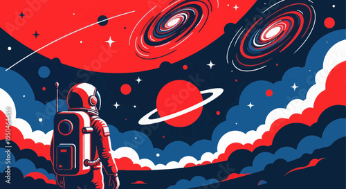 Astronaut exploring cosmic nebulae and planets in vast universe, red, white, blue