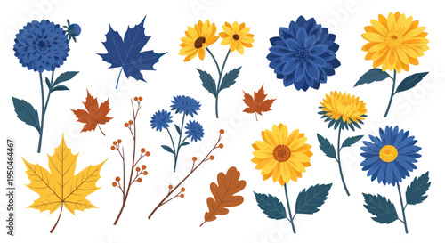 Autumn Floral Elements: Yellow, Blue Flowers and Maple Leaves