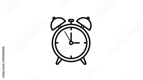 Classic twin-bell alarm clock in a black and white line art style, representing time, deadlines, and the morning wake-up call.