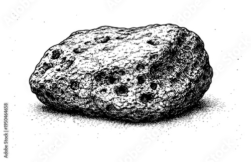 Large volcanic rock or porous stone isolated on white in woodcut style