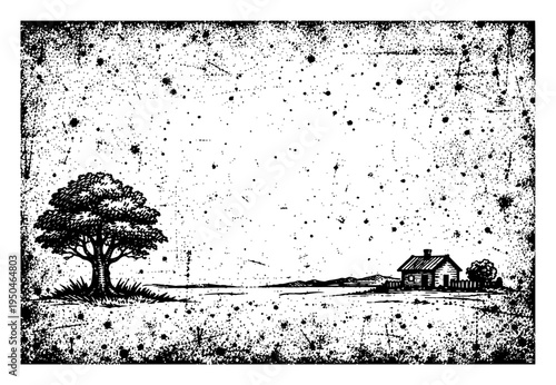 Rural landscape with tree and small cottage in gritty grunge woodcut style