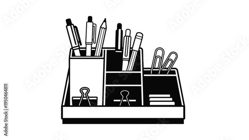 Black and white silhouette of a multi-compartment desk caddy filled with office supplies like pens, clips, and sticky notes.