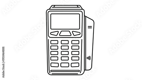 Line art icon of a modern point of sale terminal with a keypad, screen, and card reader for processing electronic payments.