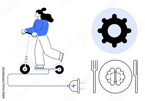 Sustainable mobility concept. A person rides an electric scooter, eco-friendly transportation. Brain and plate signify innovation. Gear highlights development. Relevant to technology, sustainability