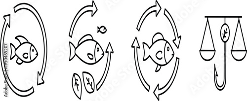 Sustainable Fishing and Aquatic Ecosystem Icons Set Featuring Fish Life Cycle, Conservation, and Responsible Seafood Harvesting Symbols for Environmental and Wildlife Design Projects