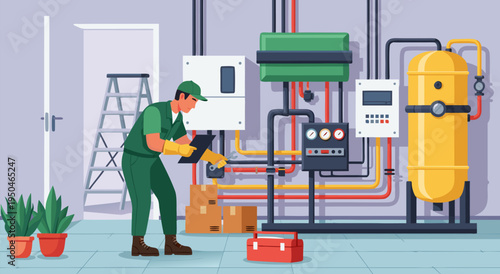 Professional HVAC technician inspecting a boiler system in a utility room, vector illustration for maintenance and repair services