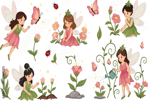 Garden Fairy and Flower Care Collection Featuring Cute Pixies, Watering Can, Ladybugs, and Butterflies for Whimsical Nature-Themed Illustration and Graphic Design Projects