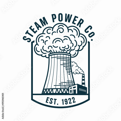 Classic Steam Power Company Logo with Industrial Cooling Tower and Factory Chimney Emitting Steam, Established 1922, isolated white background