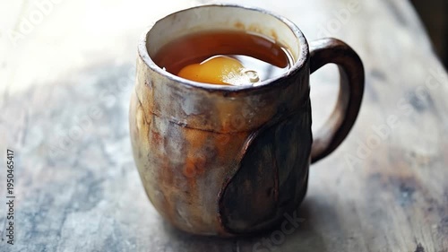 A close-up shot of a cup of tea on a table