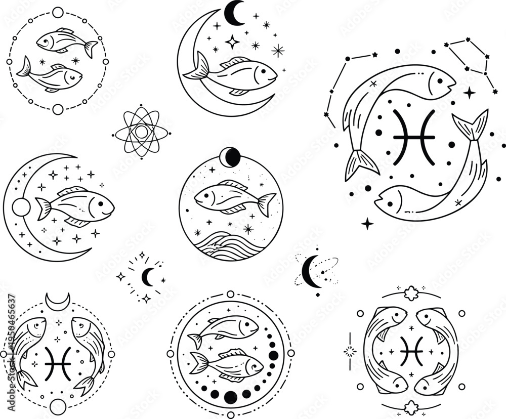 Fototapeta premium Pisces Zodiac Sign Icon Set with Celestial Moons Stars Constellations and Mystical Fish Symbols for Astrology Horoscopes Esoteric Designs and Spiritual Graphic Projects