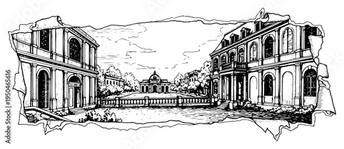 European architecture courtyard seen through a torn paper border in ink drawing style
