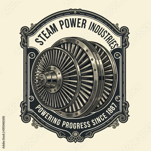 Steam Power Industries Logo with Industrial Turbine Engine and Mechanical Gears on a Dark Studio Background.