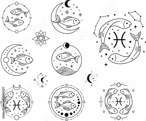 Pisces Zodiac Sign Icon Set with Celestial Moons Stars Constellations and Mystical Fish Symbols for Astrology Horoscopes Esoteric Designs and Spiritual Graphic Projects