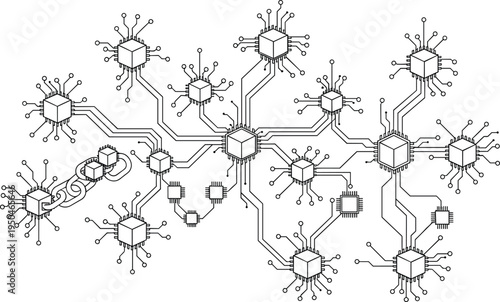 Blockchain Technology Network Diagram with Interconnected Data Nodes CPU Processors and Digital Circuit Connections for Cryptocurrency Decentralized Finance and Future Tech Concept Designs