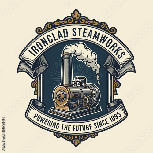 Ironclad Steamworks Vintage Locomotive Engine Logo with Smoke and Gears on a Bright Studio Background.