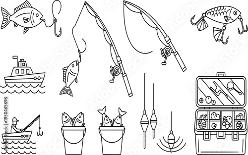 Professional Fishing Icon Set Featuring Rods Hooks Lure Boat Fisherman Tackle Box and Catch Symbols for Sports Outdoors Recreation and Leisure Activity Designs