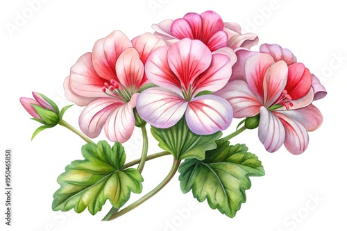 Watercolor painting of stunning pink and white geranium flowers with green leaves